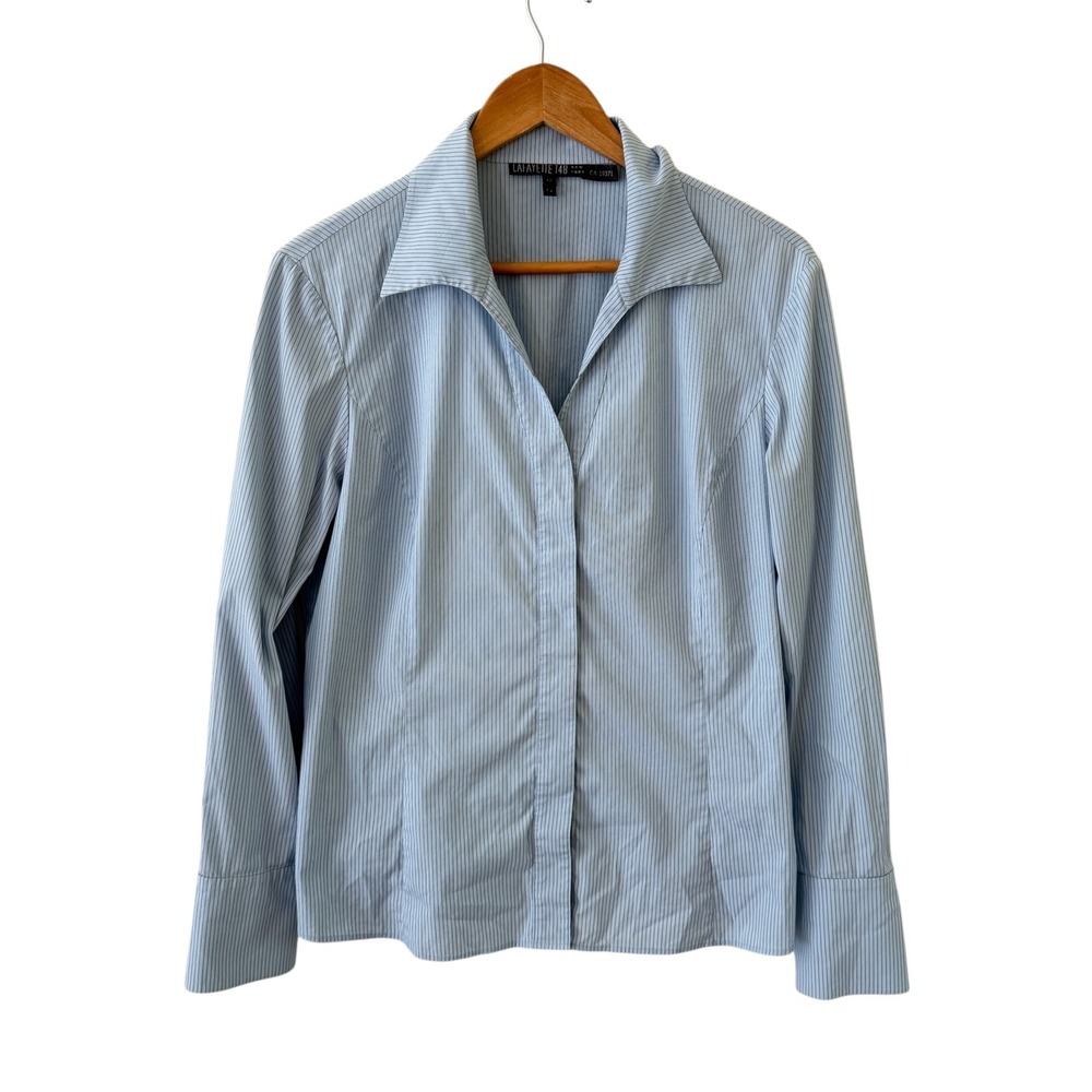 Lafayette 148 New York Striped Button Up Shirt Womens 12 Blue Stretch Office